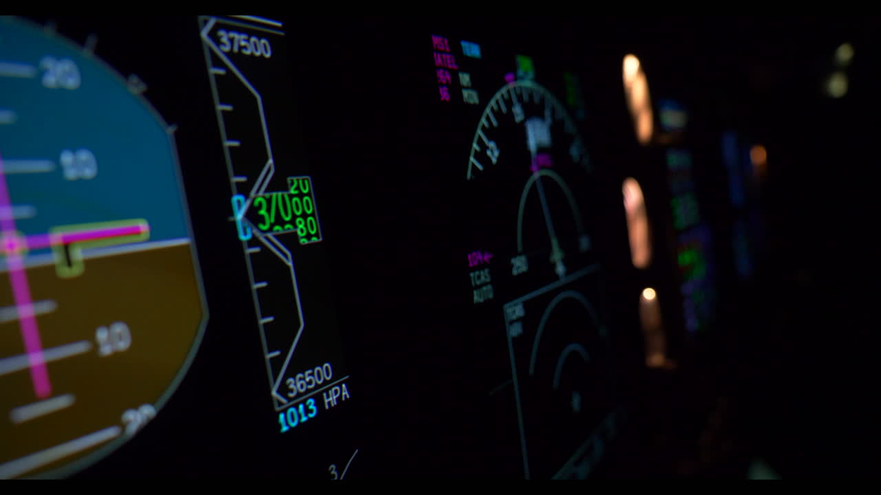 cierre del sistema electrónico de instrumentos de vuelo efis durante el vuelo de crucero en la cabina de un avión oscuro