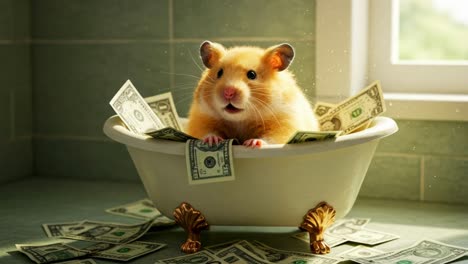 in a warm and inviting bathroom, a happy hamster revels in a delightful bubble bath, surrounded by piles of money