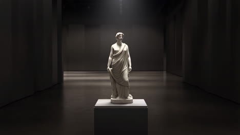 classical marble statue displayed in a dark gallery setting