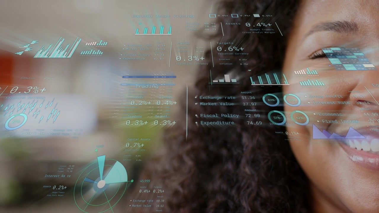 Mid-adult woman watching business data fading, reacting to rising metrics as charts overlaying face