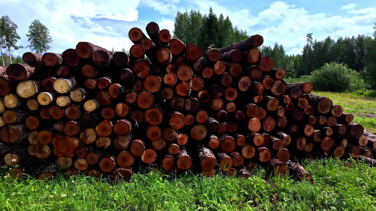 Neat pile of reddish-brown logs in grass, with a forest and blue sky behind