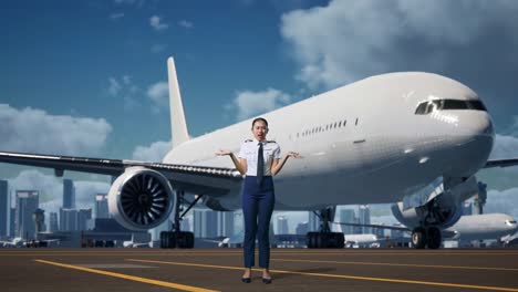 cuerpo lleno de preguntándose mujer piloto asiática diciendo por qué y de pie dudoso en el aeródromo con el avión en el fondo