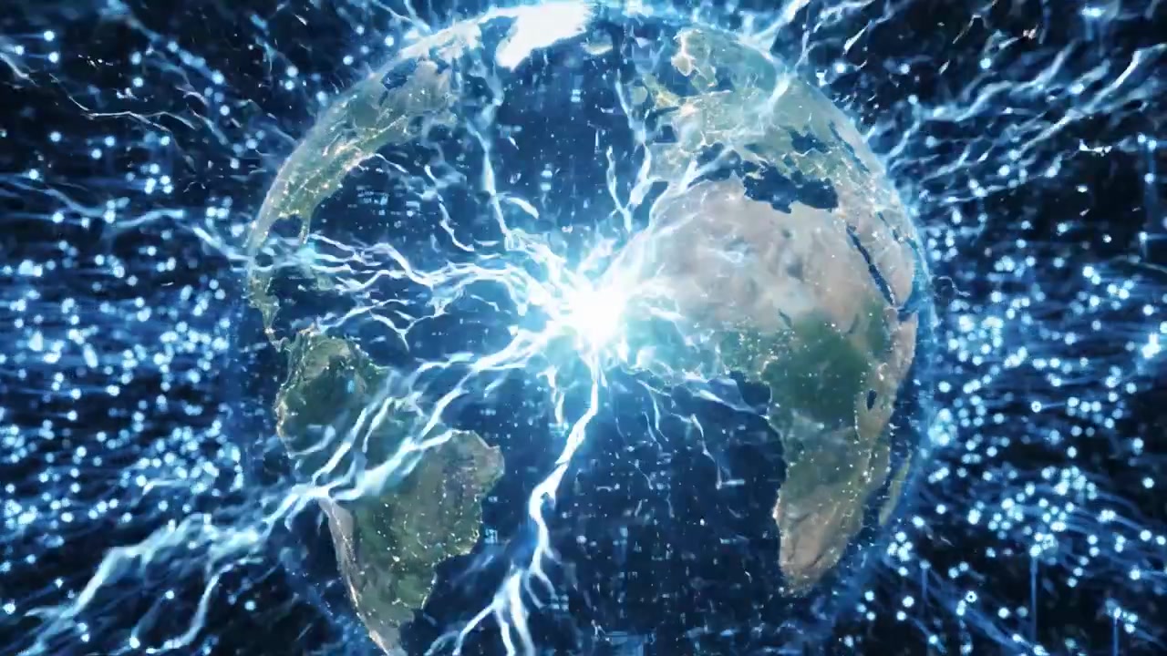 Una Rappresentazione Dinamica della Terra Circondata da Flussi di Connessioni Digitali, a Simboleggiare le Reti Globali e il Flusso di Informazioni nell'Era Tecnologica Moderna