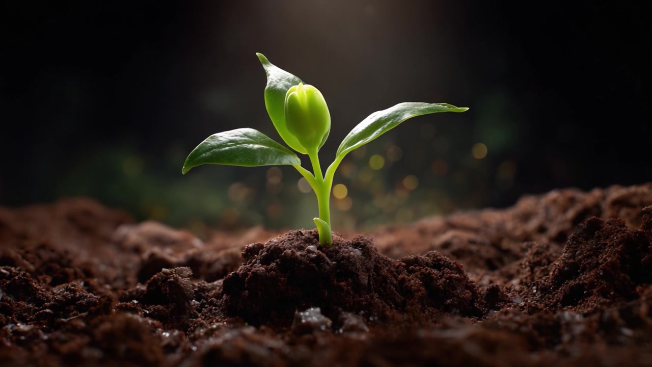Una nuova vita emerge: il viaggio di una giovane pianta che cresce da terreno fertile, a simboleggiare speranza, rinnovamento e la bellezza del ciclo vitale della natura