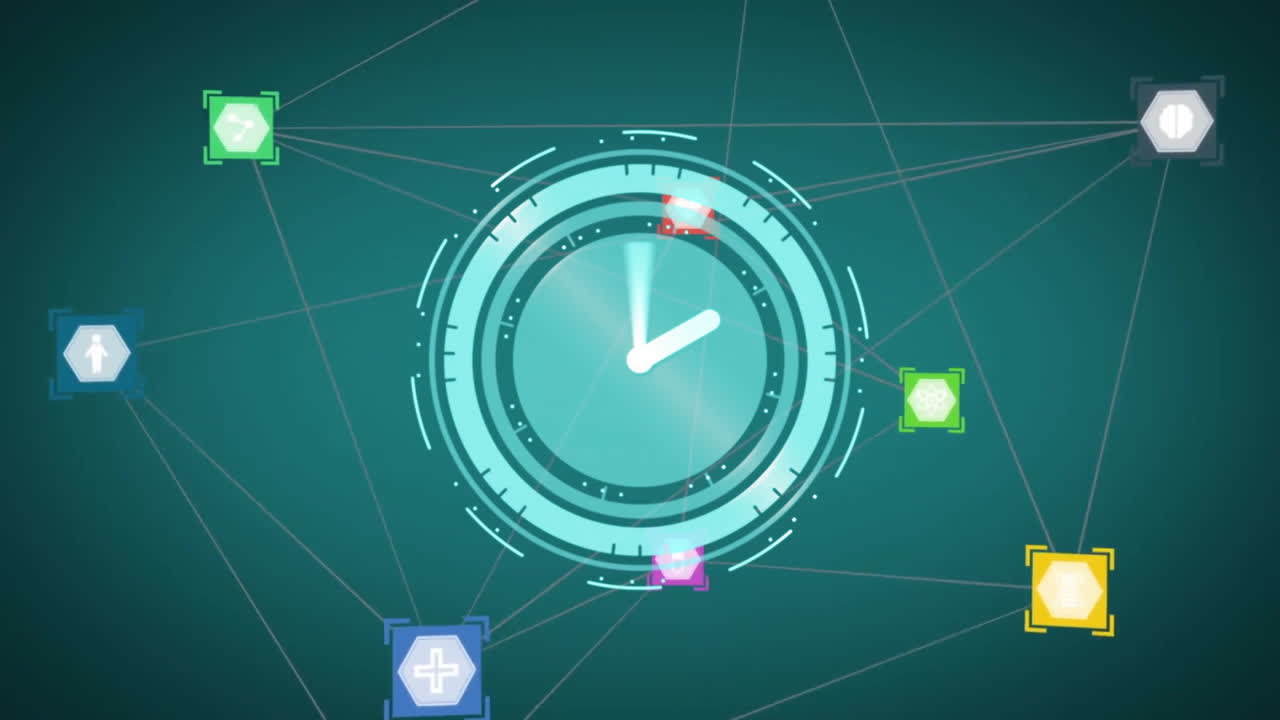 Clock animation with geometric shapes and medical icons over network connections