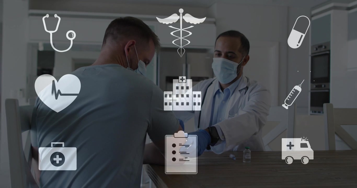 Patient retroussant sa manche, médecin désinfectant, prélevant le vaccin, administrant l'injection, avec des icônes médicales.