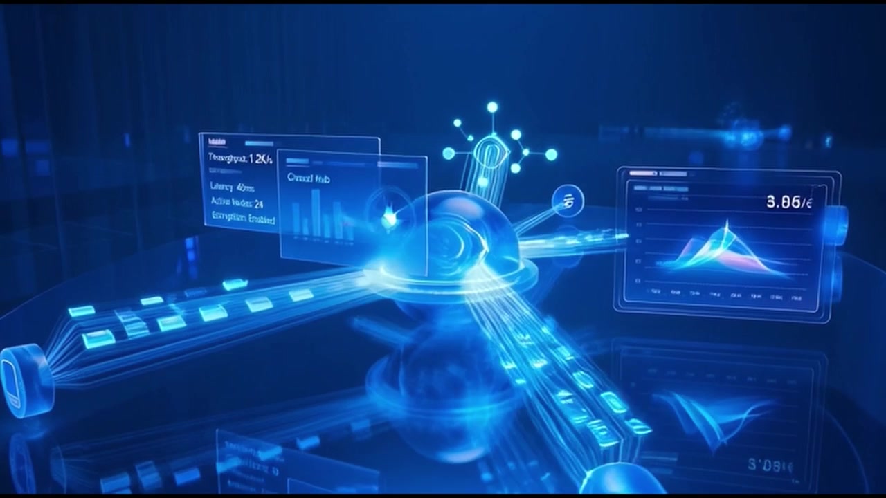 Digital Data Network Hub with Glowing Information Streams and Analytics