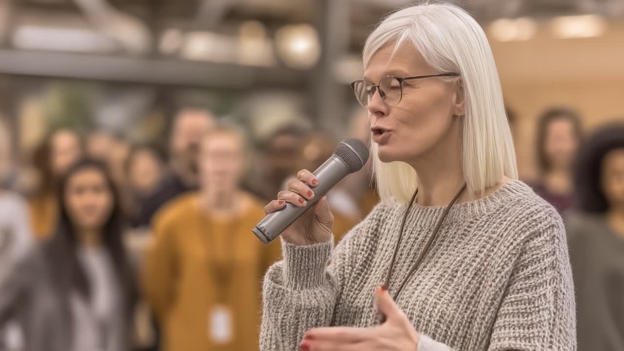 Un oratore fiducioso che coinvolge un pubblico ad un incontro, evidenziando capacità di leadership, connessione e comunicazione in un ambiente ben organizzato