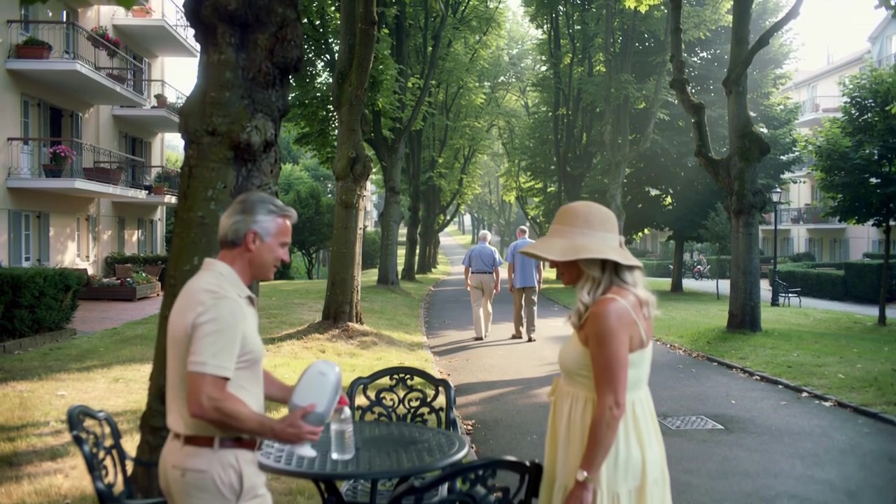 Kamerapanorering viser eldre menn som går i parken, en mann plasserer en flaske på et bord, og en kvinne med solhatt ser på venner.