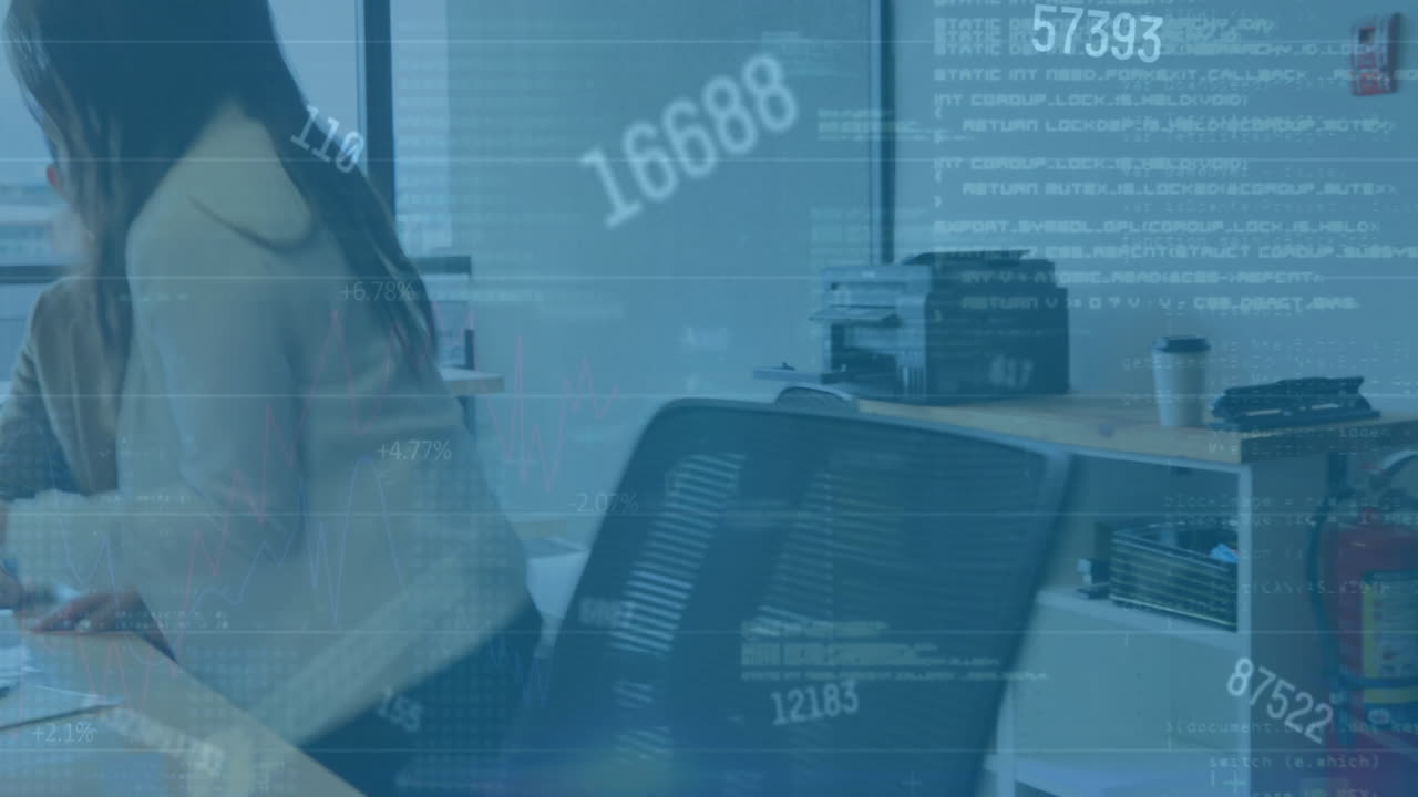 Animation of changing numbers, computer language over diverse coworkers discussing in office