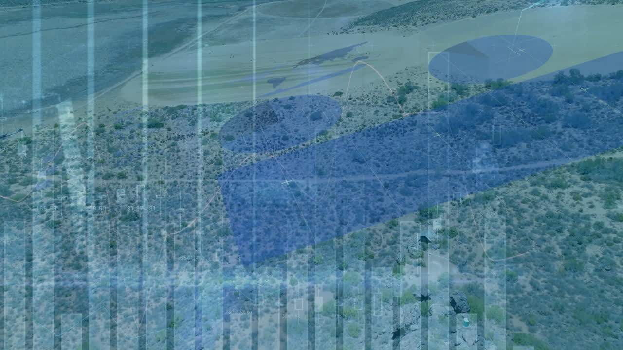 Digital data overlays projecting onto arid desert terrain, highlighting metrics with flat design