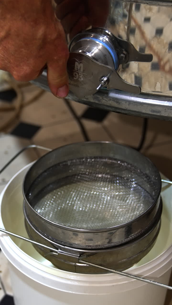 Man opens the faucet at honey extracting machine. Fresh golden organic liquid honey flows into the bucket standing under the equipment. Vertical video