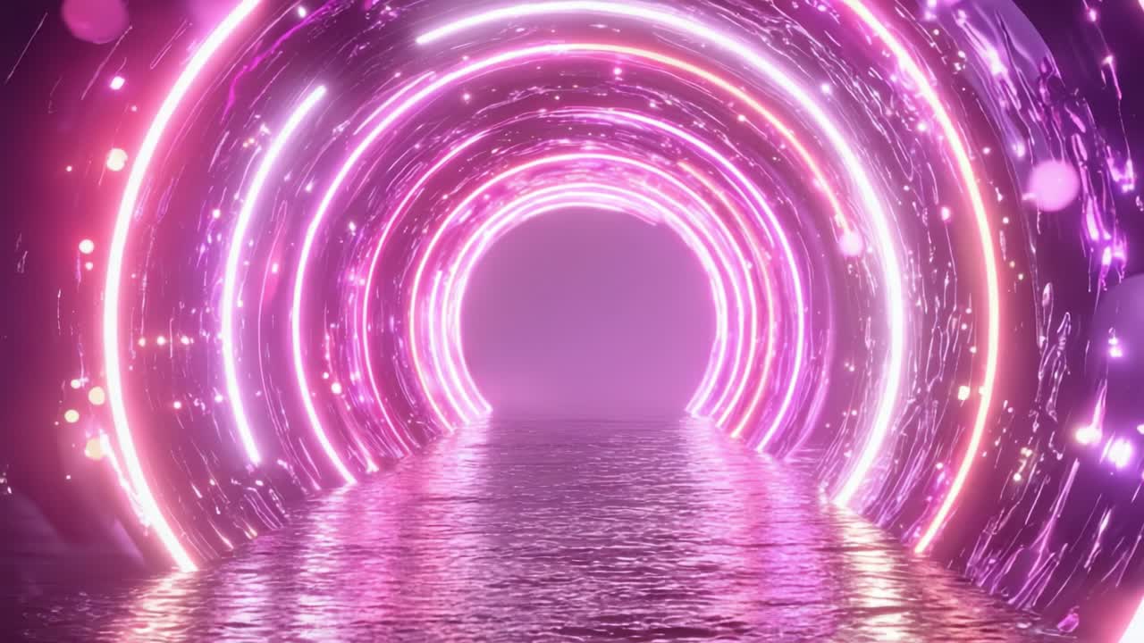 A Stunning Visual Journey Through a Neon-Lit Portal Over Calm Waters, Creating Enchantment with Glowing Circles Reflecting on the Surface in a Dreamlike Atmosphere