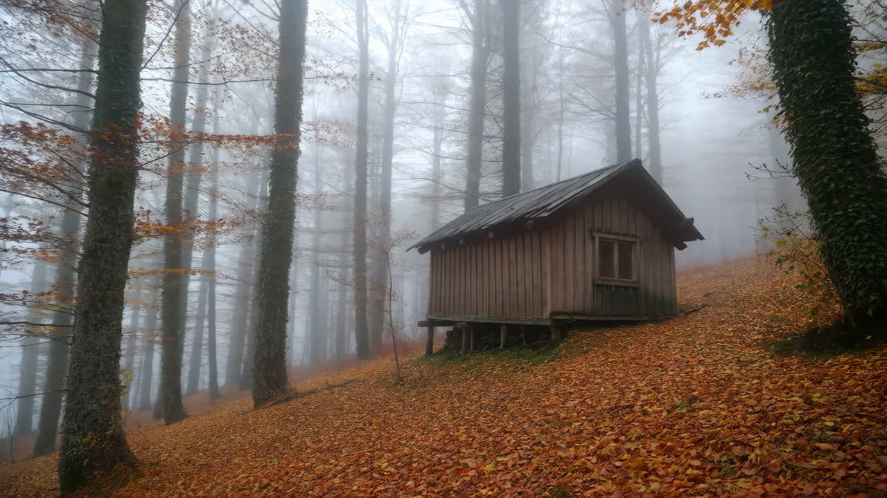 Rustic Cabin in a Misty Autumn Forest