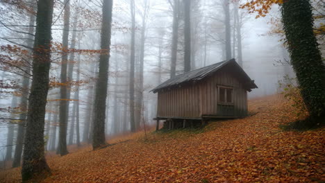 rustic cabin in a misty autumn forest