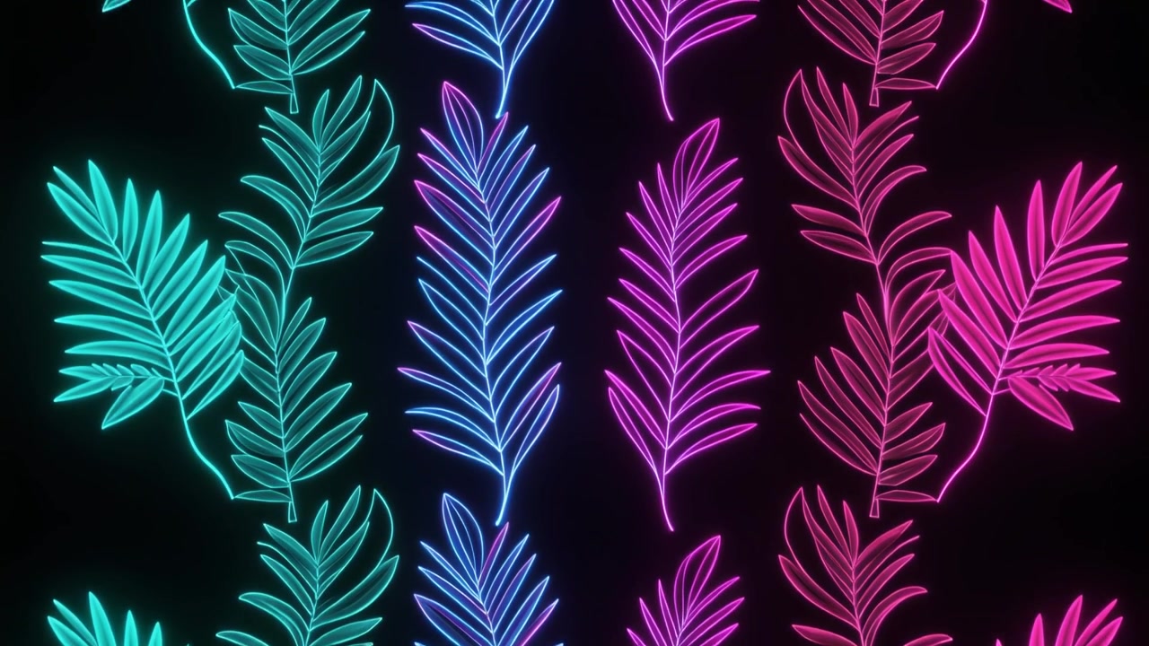 Animated Neon Palm Leaves Pattern in Cyan and Magenta
