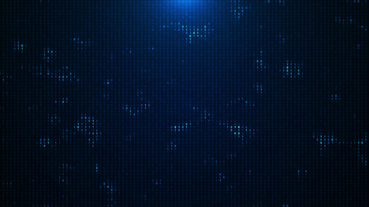 Blue binary code rain background glowing numbers vertical columns and dark digital texture cyber