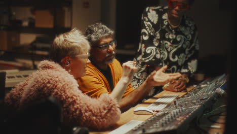 Sound Engineer and Musicians Discussing Audio Project in Recording Studio