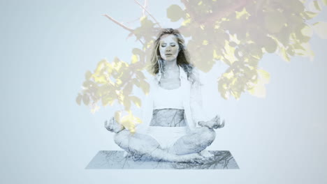 animation of glowing light over woman practicing yoga against trees in background