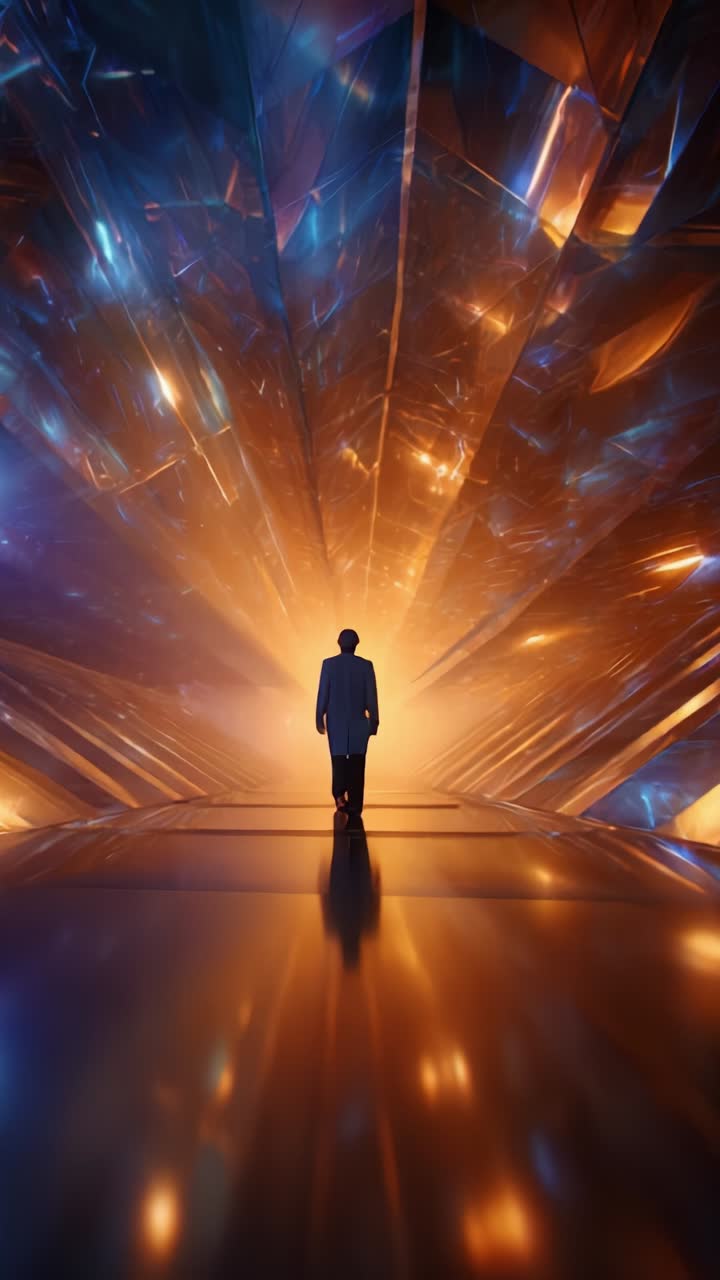 Uma figura solitária está em reverência dentro de um corredor dinâmico e vibrante de luz e reflexos prismáticos, evocando uma sensação de exploração e admiração