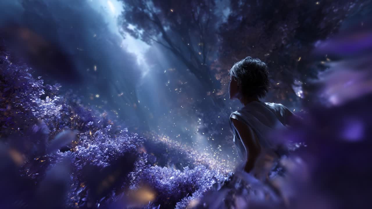 A Serene Journey Through a Mystical Forest Bathed in Ethereal Light, Where Enchanting Flora Blooms and a Curious Figure Explores the Enigmatic Landscape of Dreamlike Beauty