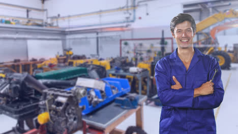 Kaukasischer-Arbeiter-Mit-Blauem-Überwurf-Und-Hut-In-Einer-Fabrik,-Der-In-Die-Kamera-Lächelt