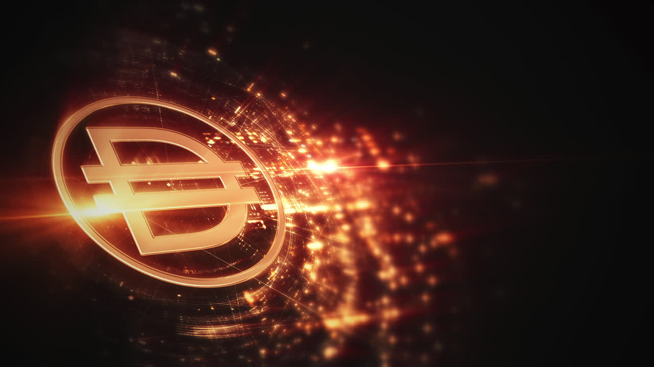 Futuristic digital background highlighting advanced cryptocurrency and encryption technology, featuring blockchain networks and secure cryptographic systems : DAI