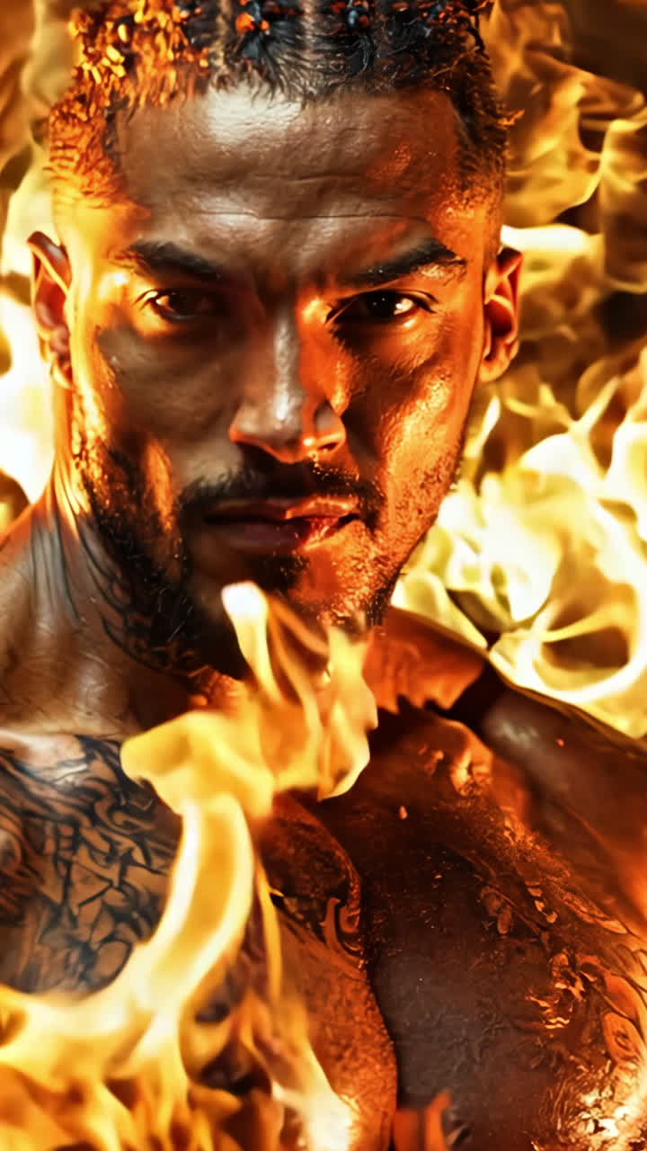 A man with tattoos on his arms and chest stands in front of a fire. The fire is orange and yellow, and it seems to be engulfing the man. The image has a dramatic and intense mood