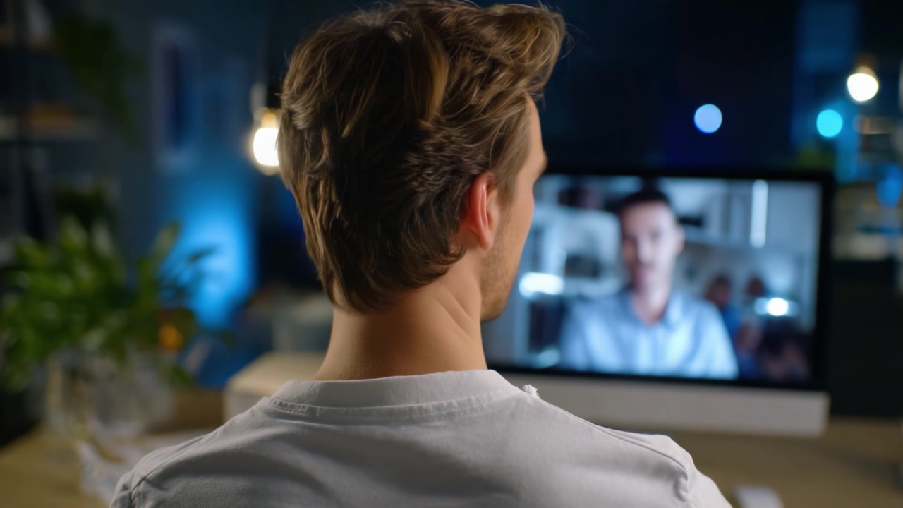Uomo impegnato in una riunione virtuale, di fronte allo schermo del computer con una conversazione professionale, catturato in un ambiente di ufficio domestico intimo e accogliente.