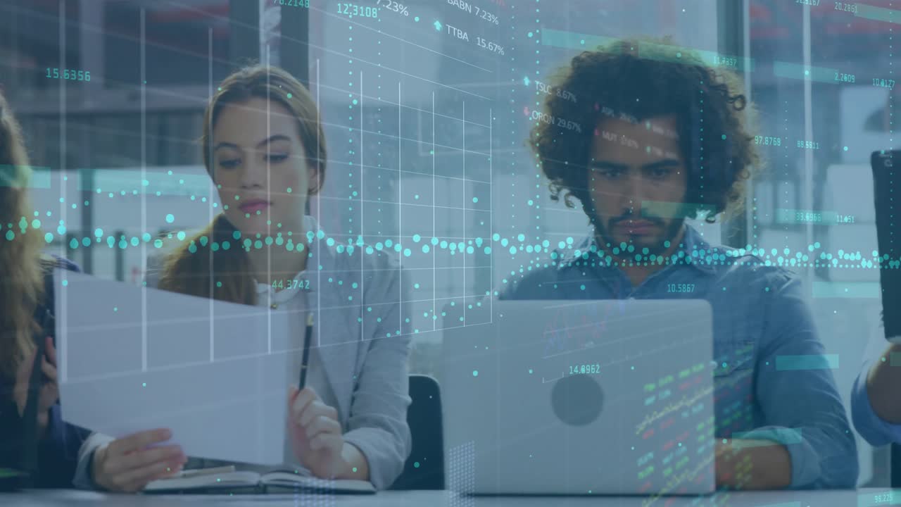 Animation of infographic interface, diverse colleagues reading documents and using tablet and laptop