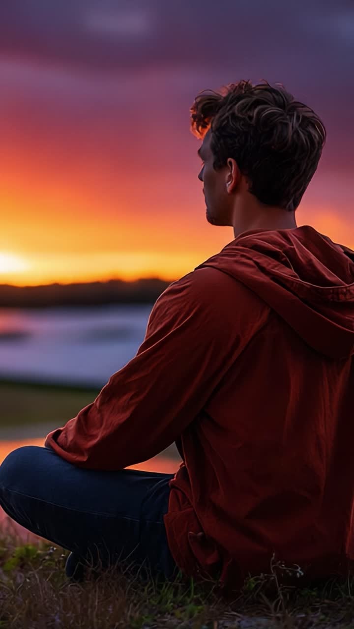 A Serene Sunset: Capturing a Young Man Sitting in Contemplation by the Water, Immersed in the Vibrant Orange and Purple Hues of a Breathtaking Evening Sky as the Day Transitions to Night
