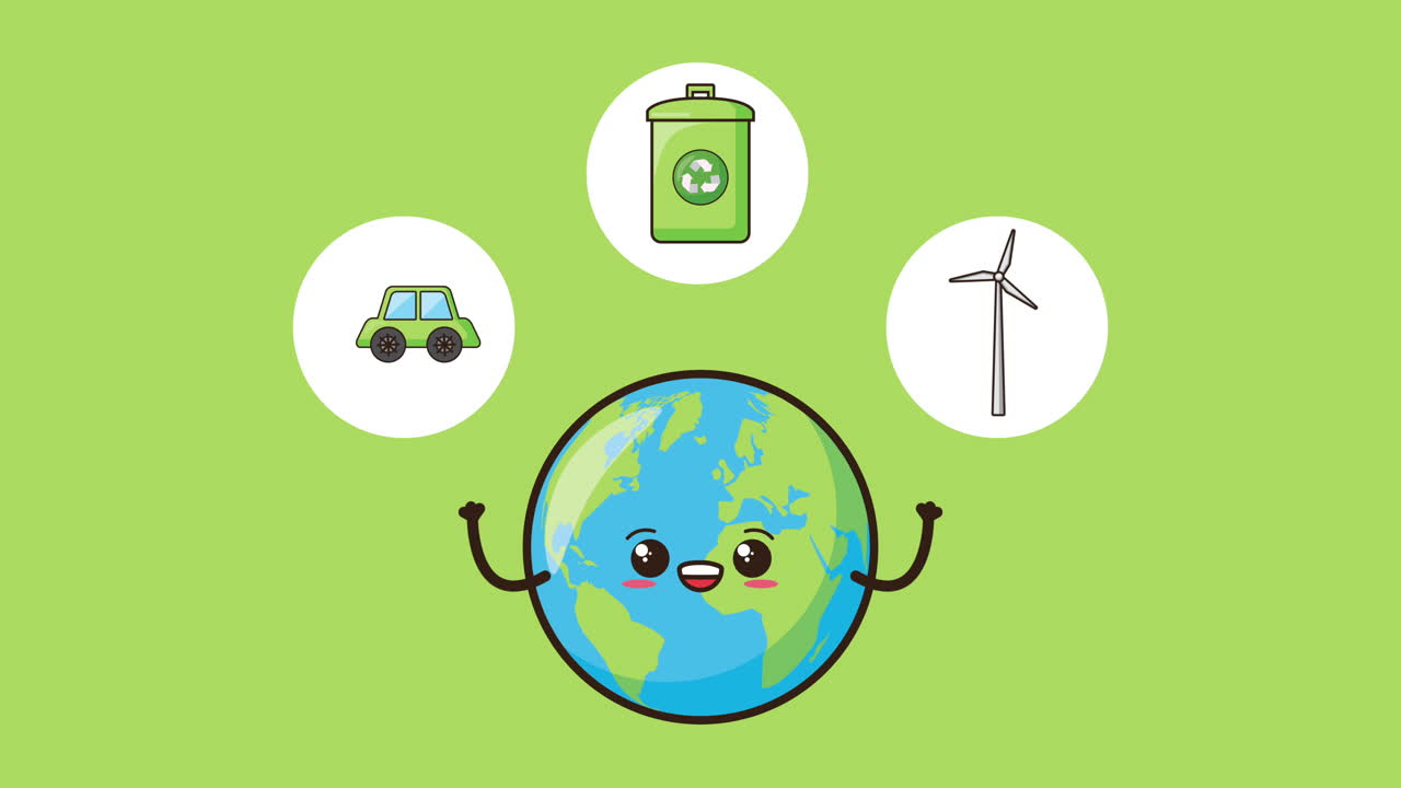 animación ambiental ecológica con carácter de la tierra y iconos establecidos