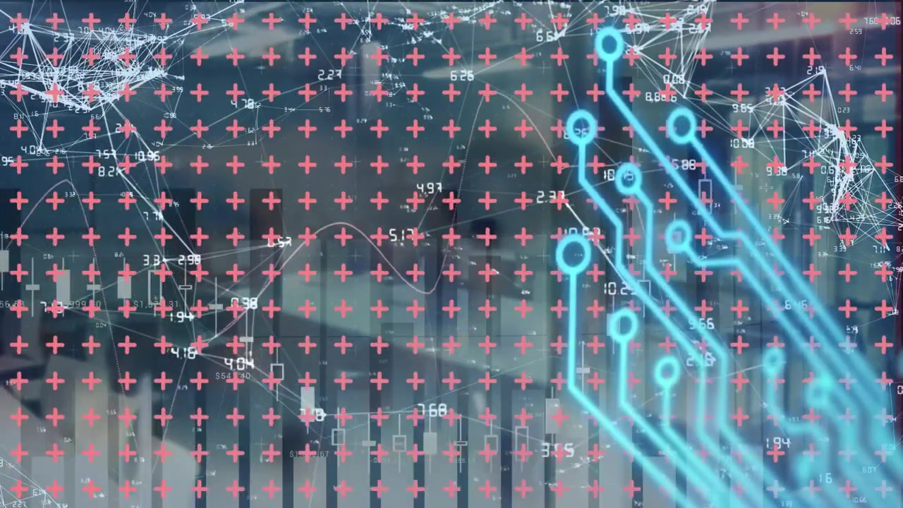 Animation of diverse financial data and graphs over out of focus cityscape