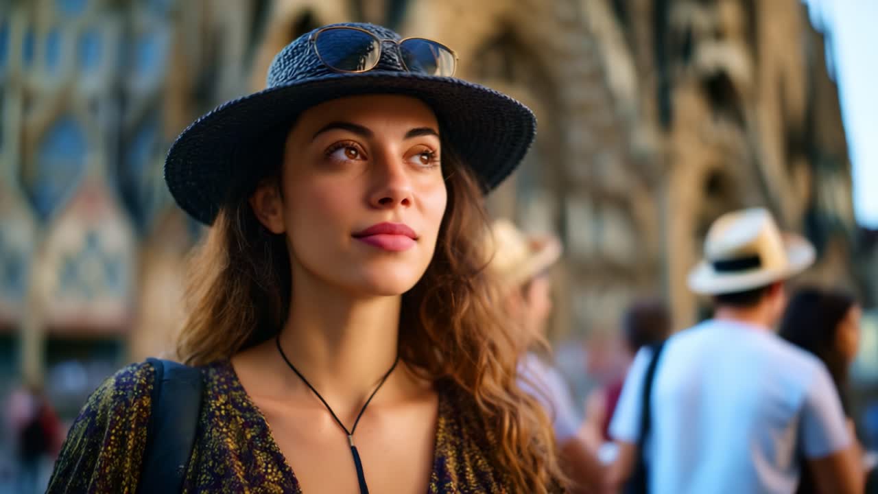 Una donna con un cappello a tesa larga esprime serenità in mezzo alla folla, catturata in due momenti di calma e contemplazione in un vivace ambiente urbano