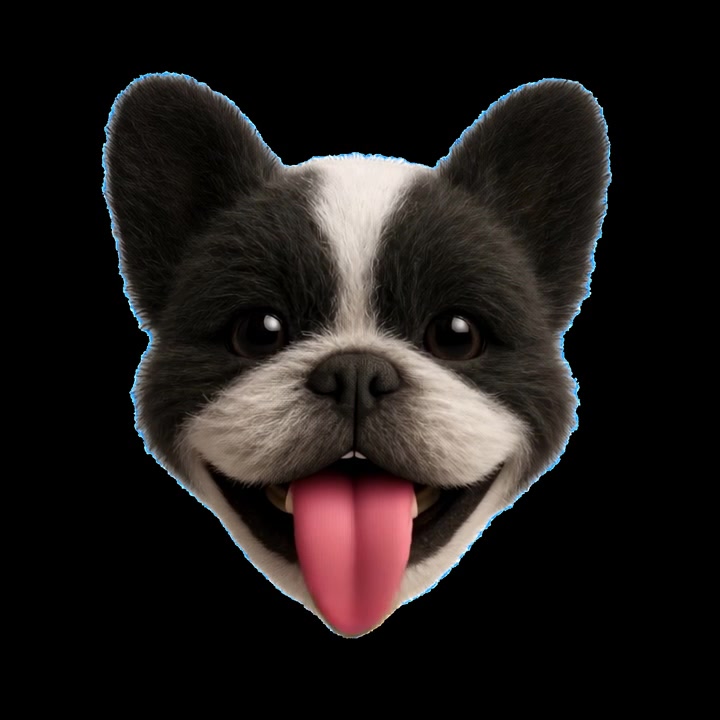 Testa animata di bulldog francese che ansima su sfondo nero