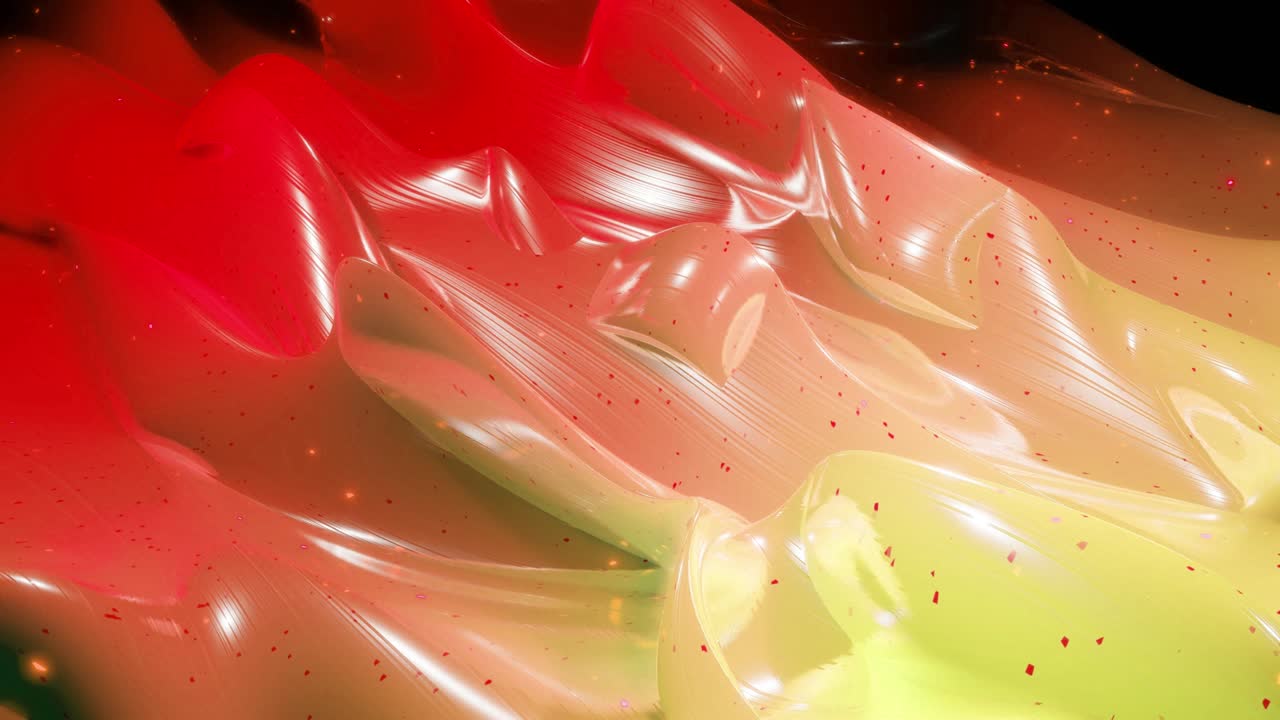 Fond festif abstrait en 3D, comme une surface douce avec de belles vagues parcourant une surface très brillante et lustrée, avec des paillettes lumineuses, des étincelles et un dégradé de couleurs vives. Animation en boucle 4K.