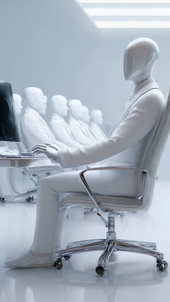 A futuristic workspace featuring humanoid figures in white attire seated at sleek, modern desks, symbolizing advanced technology and automation in a minimalist environment