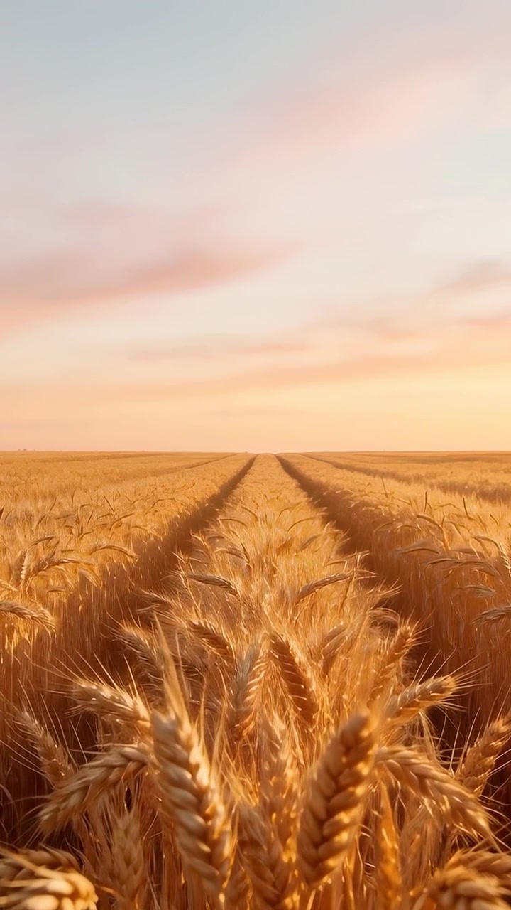 Video verticale: Telecamera in movimento che rivela steli di grano maturo e solchi in un campo di grano, con un cielo dorato.