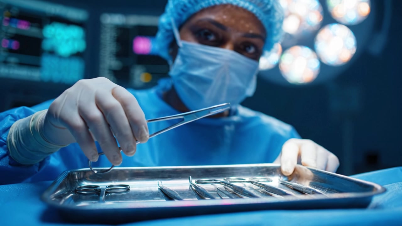 An Intricate Surgical Setting Depicting a Medical Professional Preparing Instruments, Highlighting Focus and Precision in an Operating Room Environment