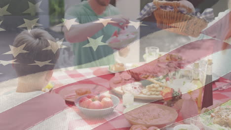 animation of american flag over caucasian family having dinner