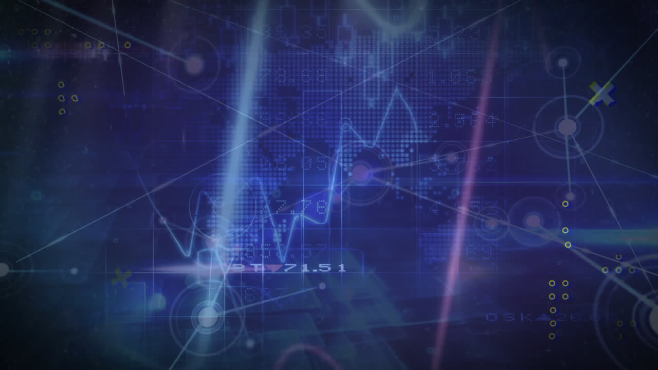 Animation of network of connections and data processing over dark background