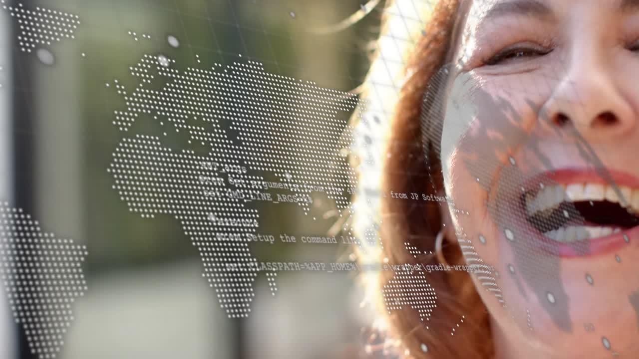 Senior woman shifting from neutral to laughing while transparent screen overlays revealing tech map