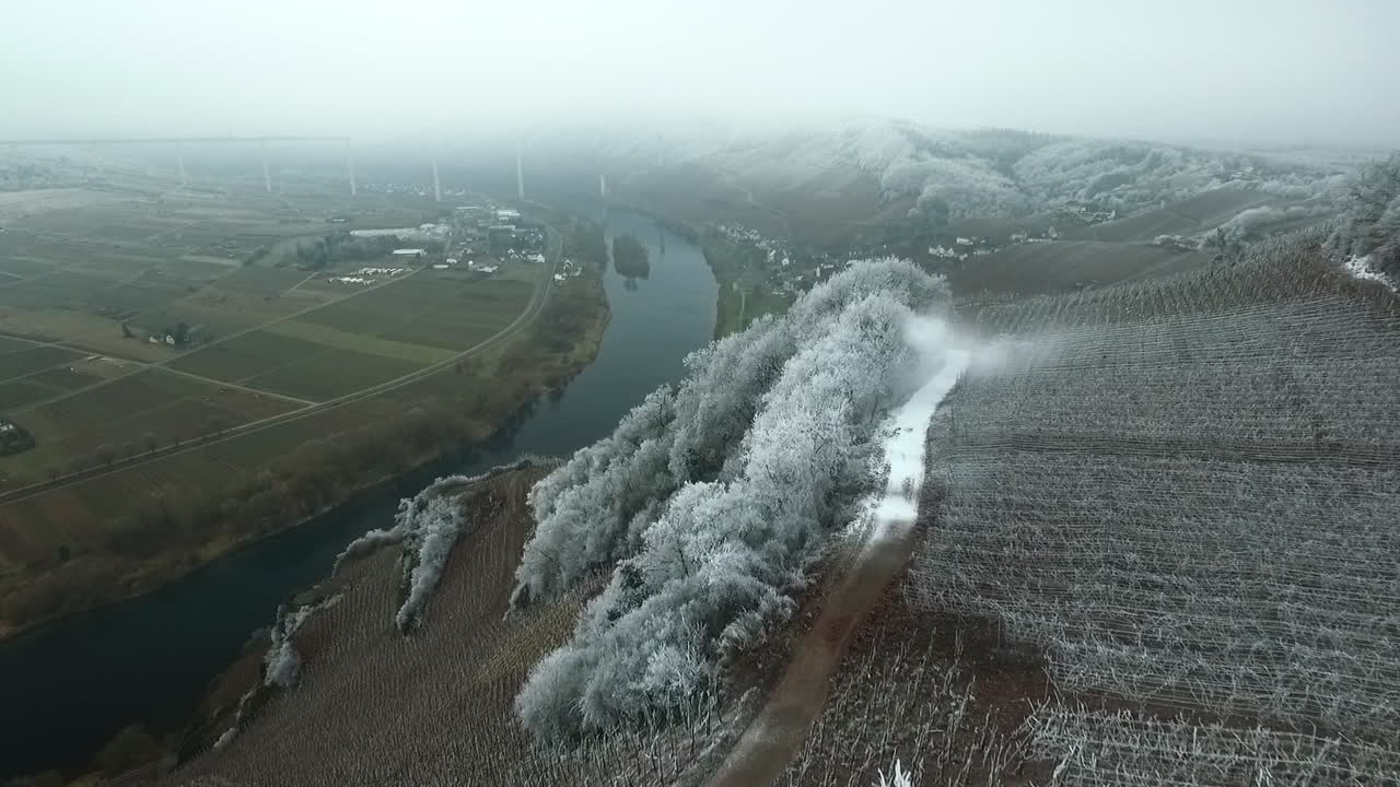 volando sobre un viñedo en condiciones invernales con mucho viento que sopla nieve sobre el viñedo.