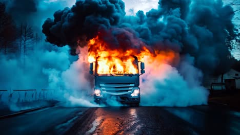 a truck on fire on the side of a road