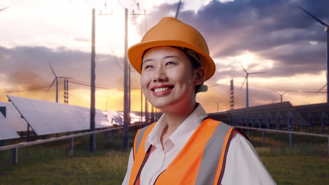 Close Up Side View Of Asian Female Engineer Wearing Safety Helmet Looking Around While Standing With Arms Akimbo With Solar Panel and Wind Turbines