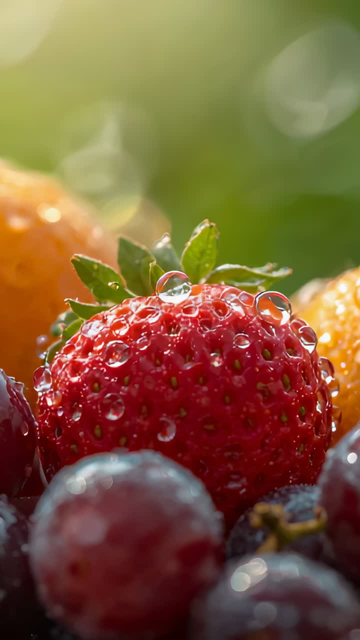 Video verticale: la messa a fuoco della fotocamera si sposta su una fragola sul tavolo, mostrando la parte superiore, la rugiada e l'uva