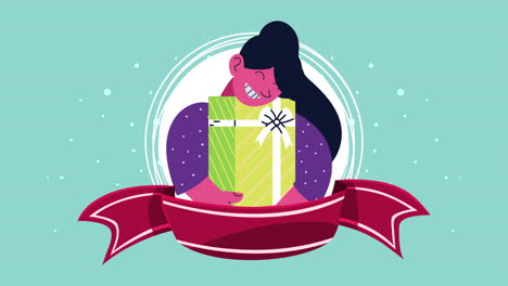merry christmas animation with lady and gift