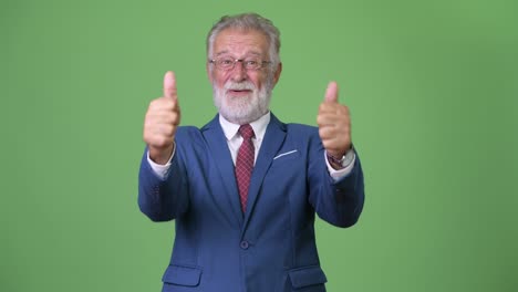 handsome senior bearded businessman against green background