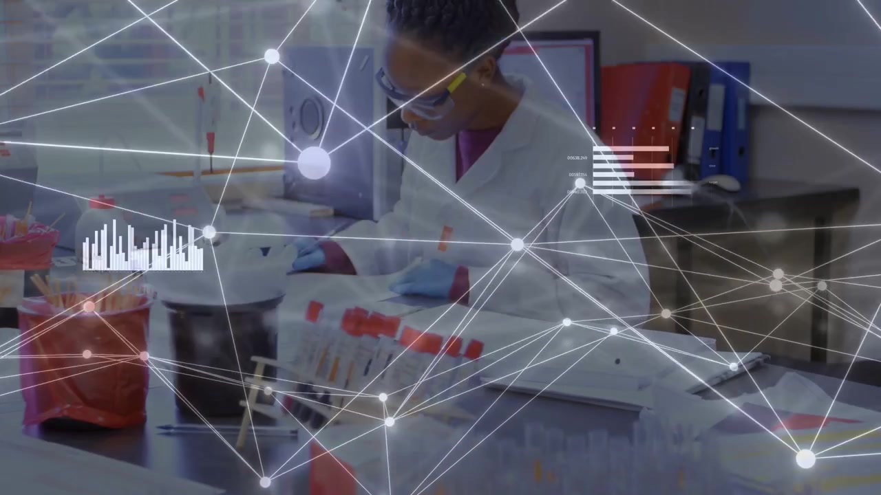 Lab technician arranging sample tubes as overlay revealing bench causing testing and linking data