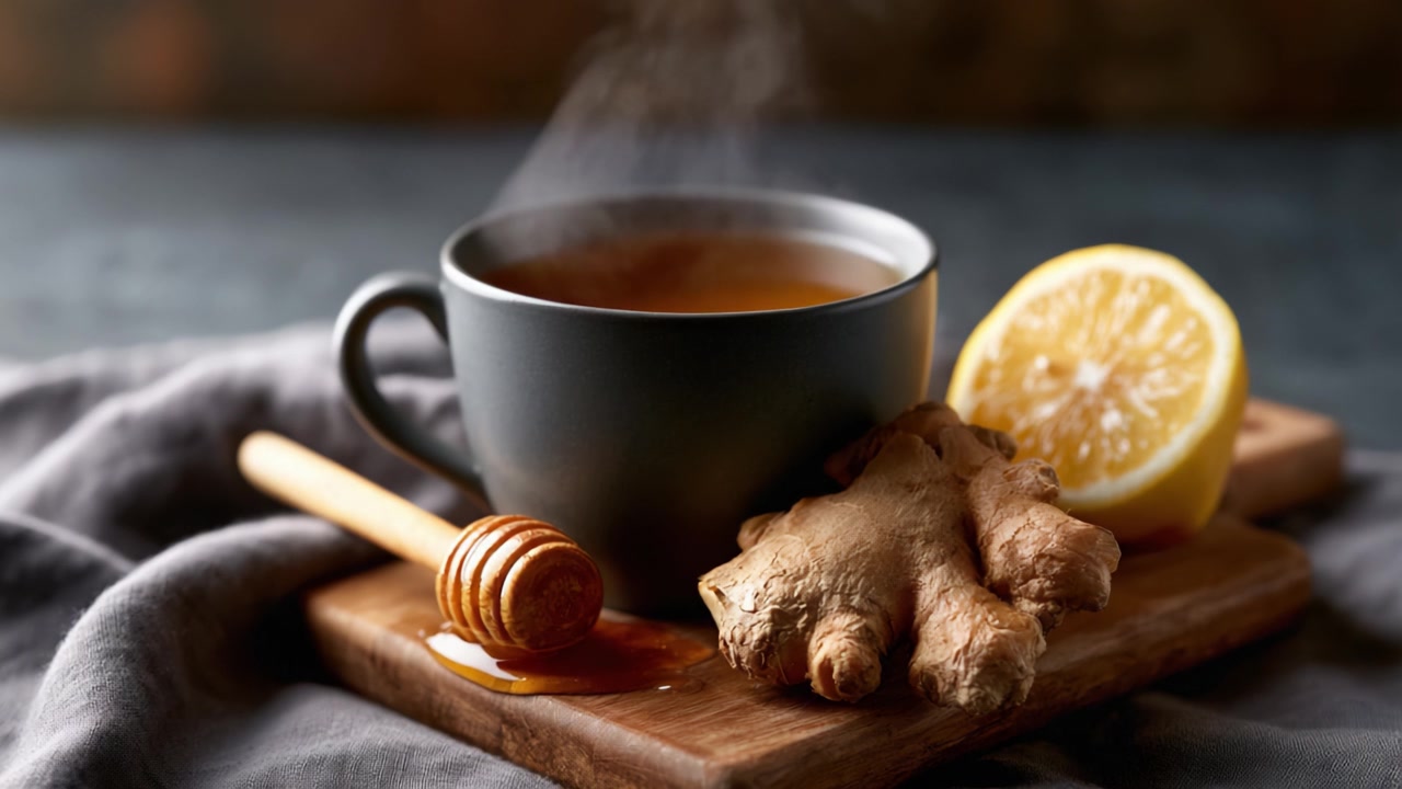 Una tazza calda di tè allo zenzero con miele e limone, perfetta per comfort e relax durante le giornate fredde o come un elisir lenitivo per il benessere e la salute.
